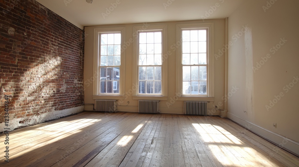 Obraz premium room refurbishment process, historic brick wall, double hung windows, natural wood floors, partial completion view, traditional heating fixtures, renovation workspace, classical architectural