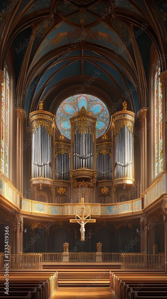 Fototapeta premium Ornate church interior with pipe organ