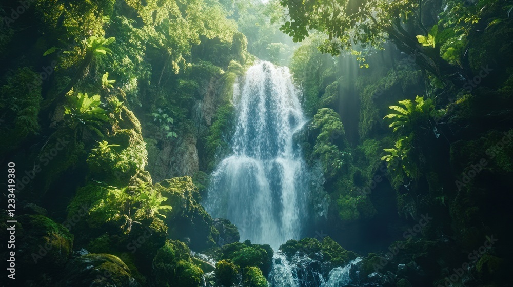 Lush rainforest waterfall, sunlight streams, tranquil scene, nature background, travel Lush rainforest waterfall, sunlight streams, tranquil scene, nature background, travel