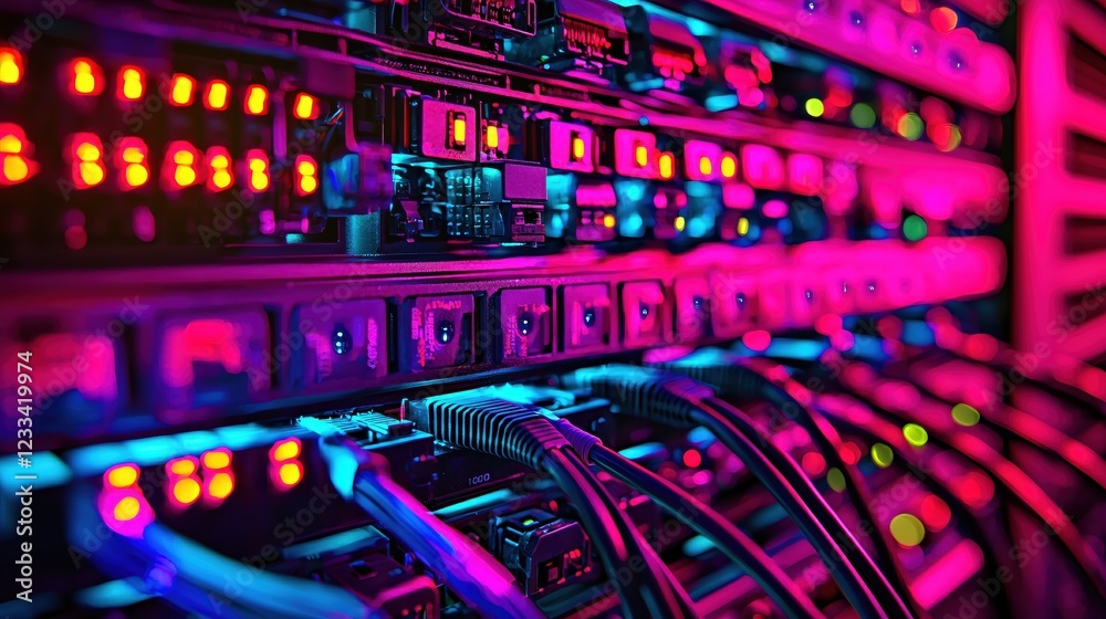 Naklejka premium Vibrant Network Server Room Technology Cables Data Center Infrastructure