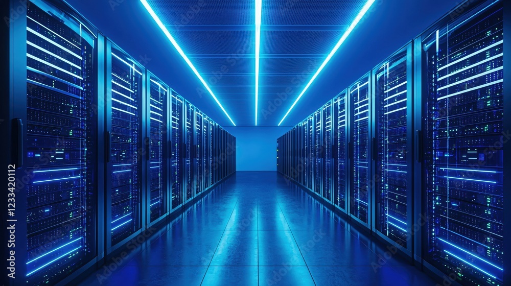 Blue Lit Server Room Modern Data Center Technology Infrastructure Blue Lit Server Room Modern Data Center Technology Infrastructure