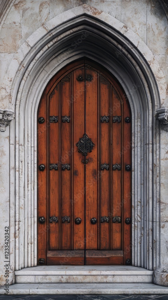 Ornate wooden door in stone archway Ornate wooden door in stone archway