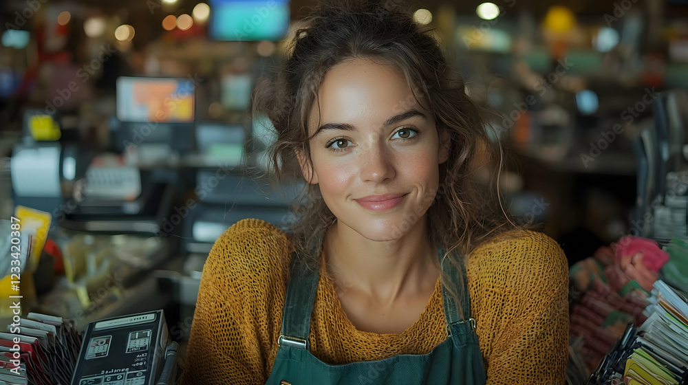 Smiling cashier at supermarket checkout