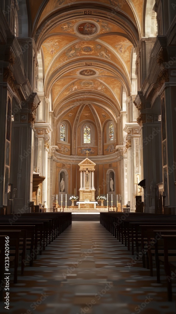 Fototapeta premium Tranquil church interior, sunlit nave