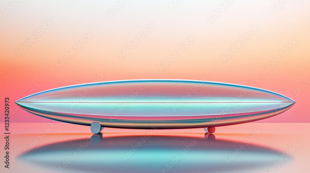 A bold surfboard with a striking metallic finish, accented by glowing cyan lines along its edges, resting on a reflective surface A bold surfboard with a striking metallic finish, accented by glowing cyan lines along its edges, resting on a reflective surface