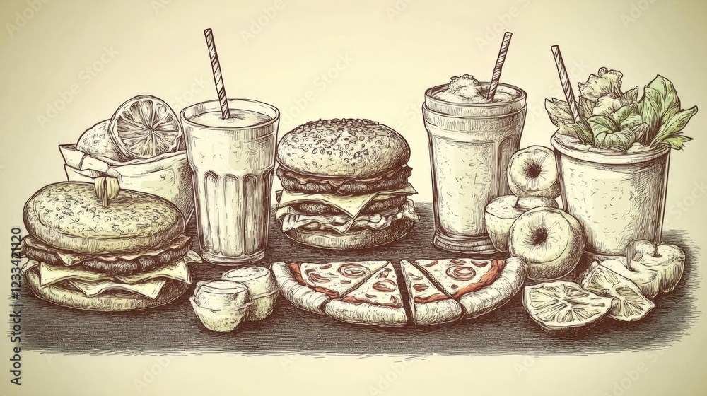 Sepia Drawing of Fast Food Meal: Burgers Pizza Fries Milkshakes