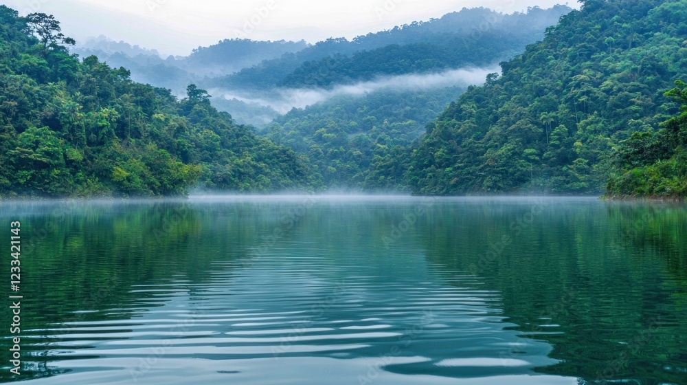 Misty morning lake reflecting lush green mountains. Misty morning lake reflecting lush green mountains.