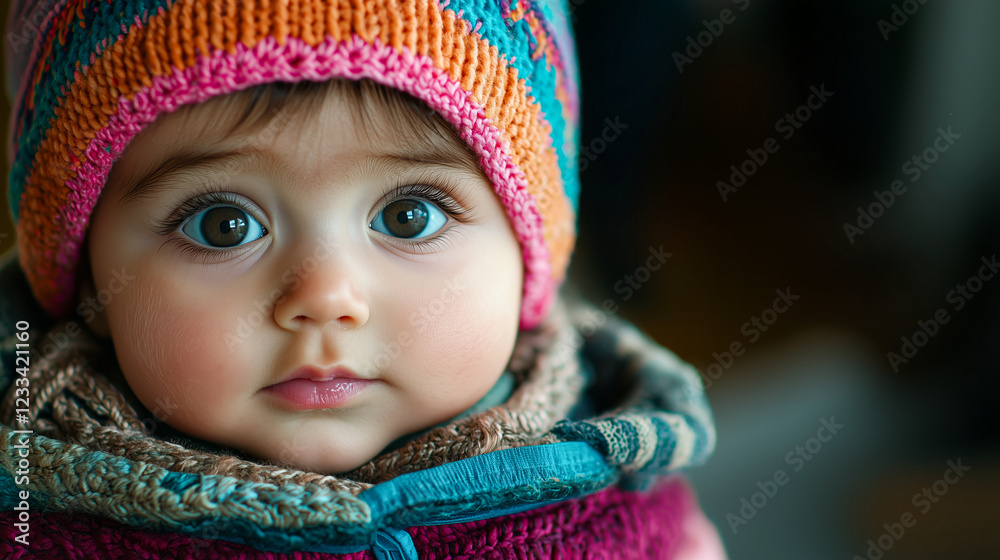 Serene Baby Girl Gazing in Intricate Woven Basket. Serene Baby Girl Gazing in Intricate Woven Basket.