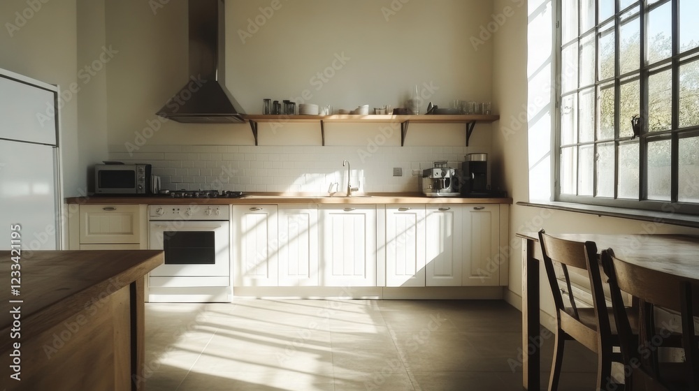 Fototapeta premium Modern kitchen interior with sunlight streaming through large windows, featuring appliances and wooden accents