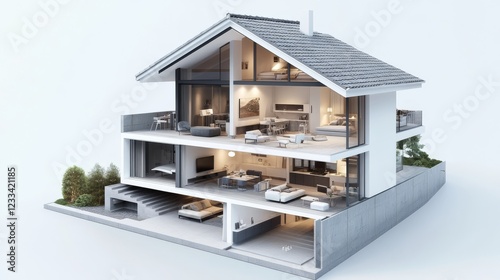 architectural cross section visualization, modern house interior layout, pitched roof design, three level living space, white exterior finish, gray tile roofing, contemporary furniture details,