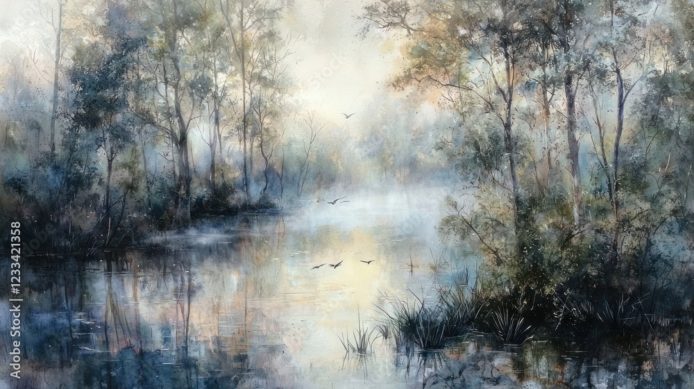 Misty morning landscape with calm lake, trees, and birds. Misty morning landscape with calm lake, trees, and birds.