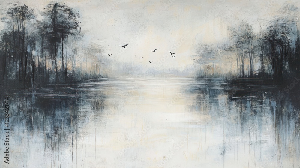 Fototapeta premium Serene landscape painting of a tranquil lake reflecting trees and flying birds at dawn or dusk.
