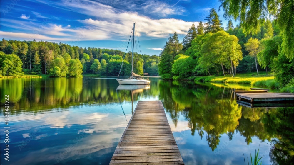 Fototapeta premium A serene lake view with a solitary wooden dock stretching into the water, surrounded by tall trees and lush greenery, with a few sailboats in the distance, nature, boats