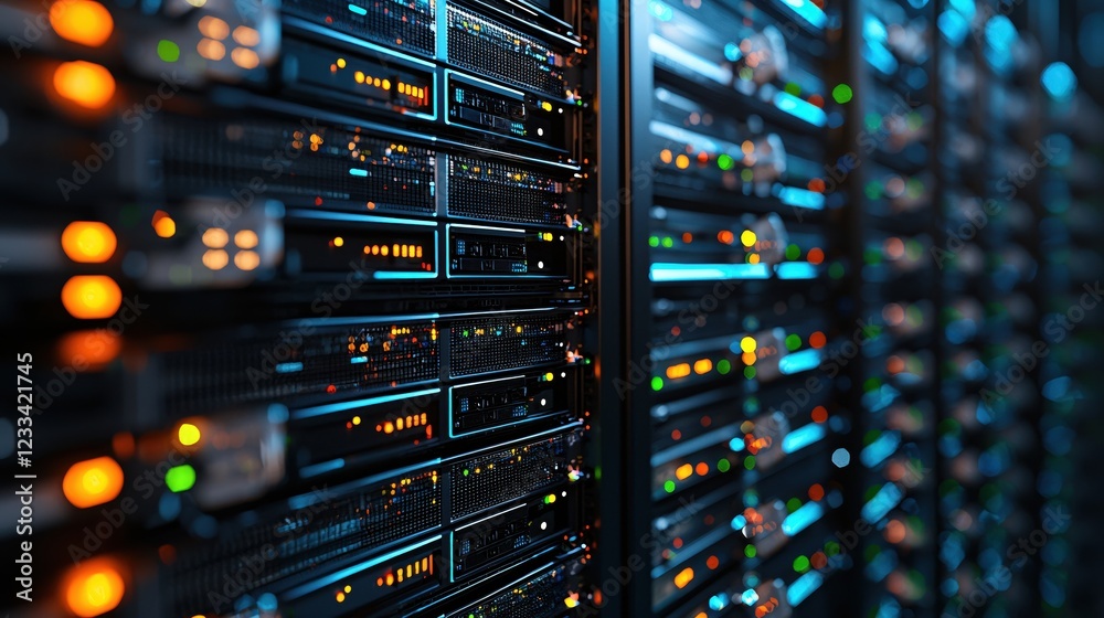 Illuminated Data Center Servers Technology Rack Network Infrastructure Illuminated Data Center Servers Technology Rack Network Infrastructure