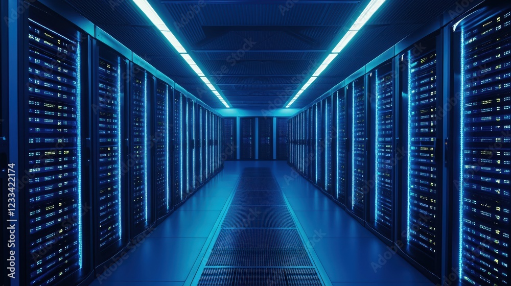 Fototapeta premium Modern Data Center Server Room Corridor Blue Light Technology