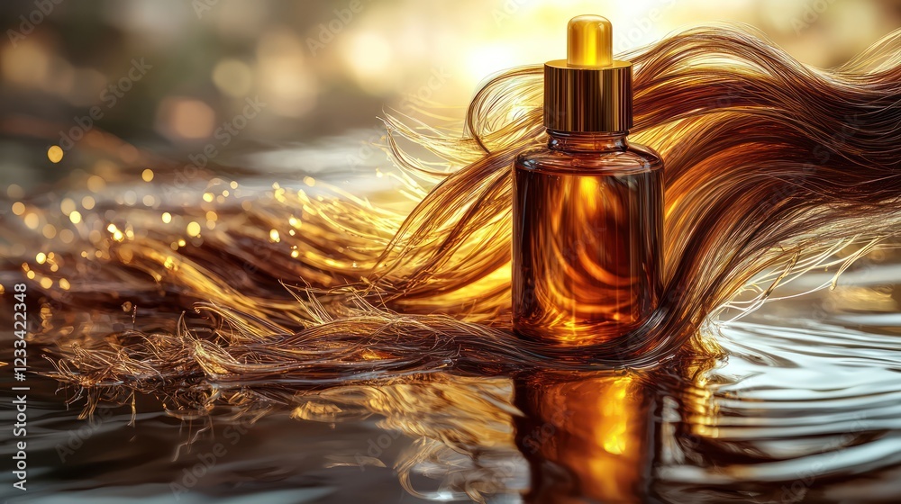 Fototapeta premium Golden hair oil bottle, shimmering water, sunset