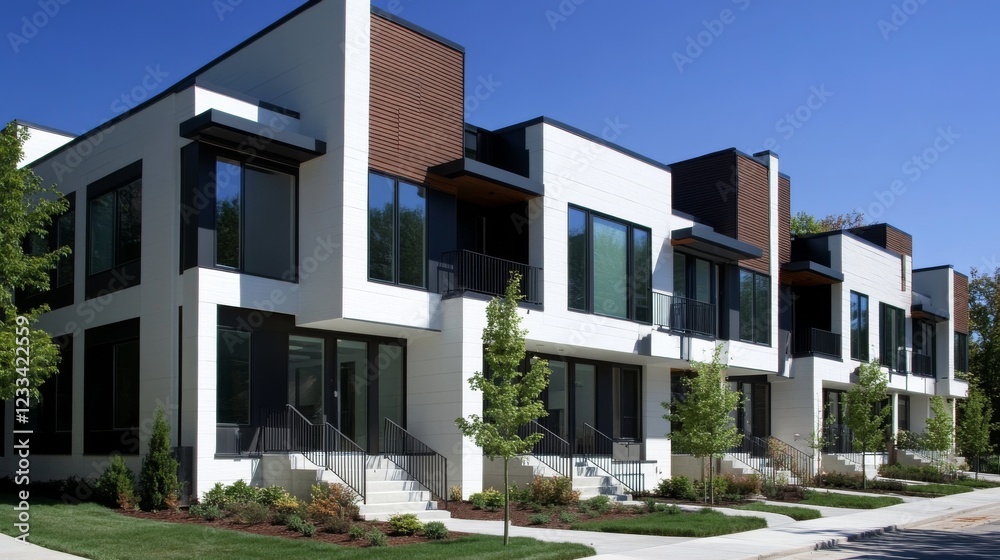 modern residential complex, crisp white walls, dark accent panels, floor to ceiling windows, linear railing design, clean architectural lines, urban housing development, minimalist townhouse aesthetic modern residential complex, crisp white walls, dark accent panels, floor to ceiling windows, linear railing design, clean architectural lines, urban housing development, minimalist townhouse aesthetic