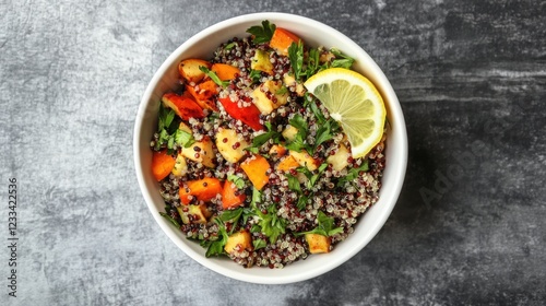 Wallpaper Mural A vibrant quinoa salad with roasted vegetables and a lemon vinaigrette, Placed in a simple white ceramic bowl, Overhead view with natural light highlighting the colors Torontodigital.ca