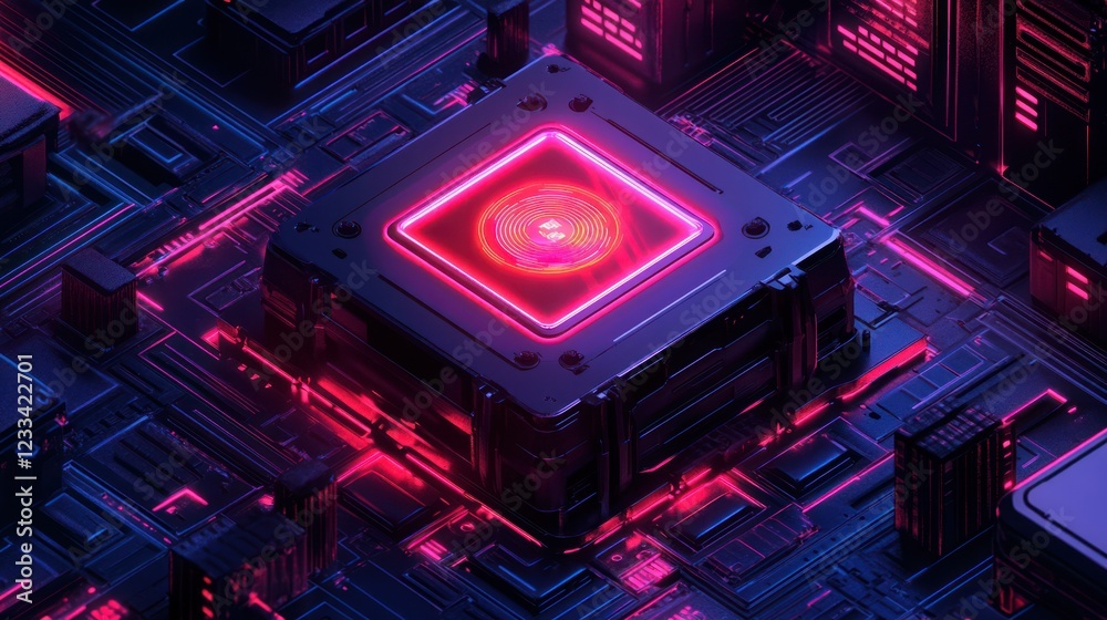 Fototapeta premium Glowing CPU core, circuit board, futuristic tech, digital background, data processing