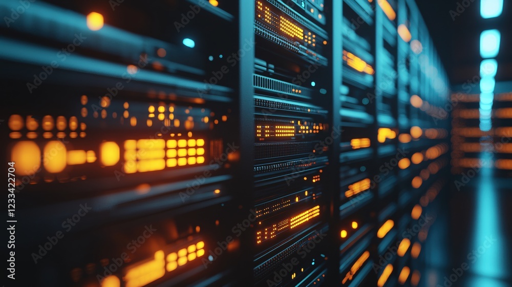 Naklejka premium Server Room Technology Network Data Center Digital Infrastructure Orange Blue Lights