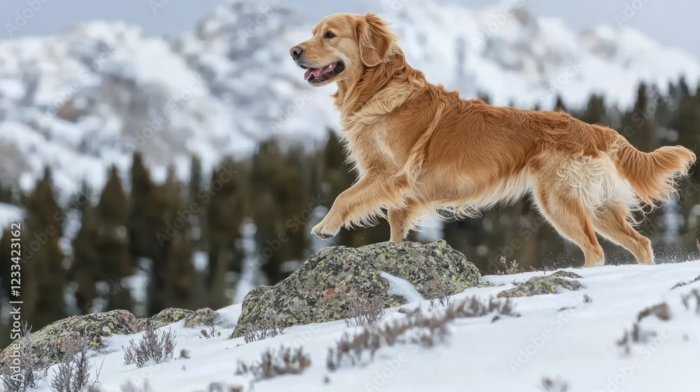 Golden Retriever playing in snowy mountains