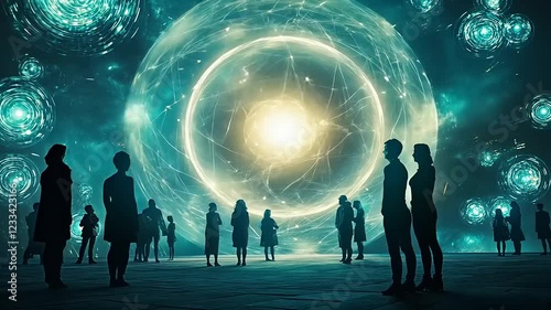Silhouetted figures in a cosmic landscape with glowing spheres and swirling light patterns