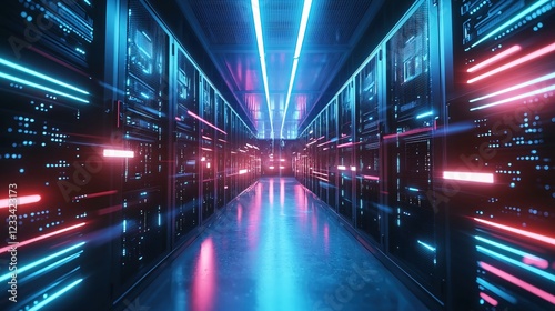 Futuristic Server Room Neon Lights Data Center Technology Corridor