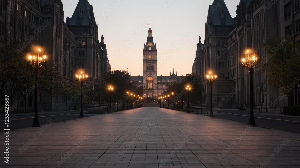 Naklejka premium Serene early morning view of a historic city hall with glowing street lamps and empty plaza