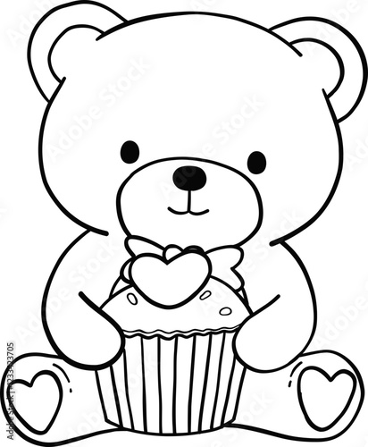Valentine with Cute Teddy Bear Holding a Heart Cupcake Outline