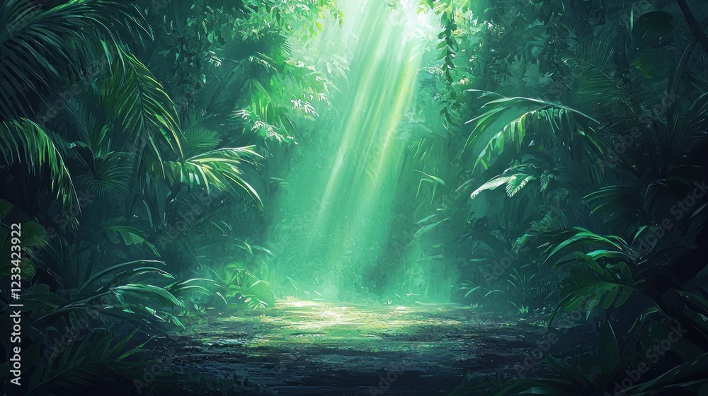 Fototapeta premium Sunbeams illuminate a lush, mysterious jungle path.