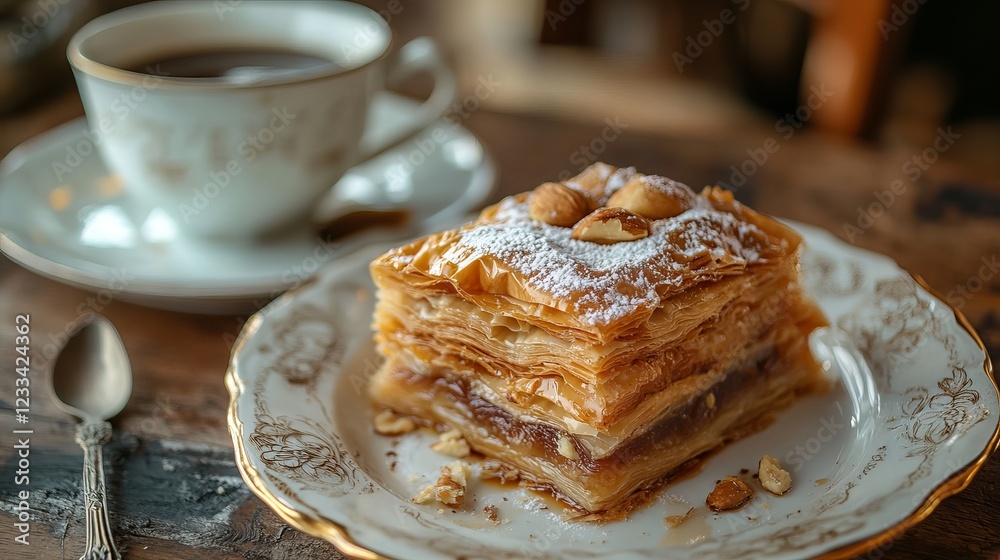 Bosnian baklava with layers of filo pastry and chopped nuts, served with a classic turkish coffee Bosnian baklava with layers of filo pastry and chopped nuts, served with a classic turkish coffee