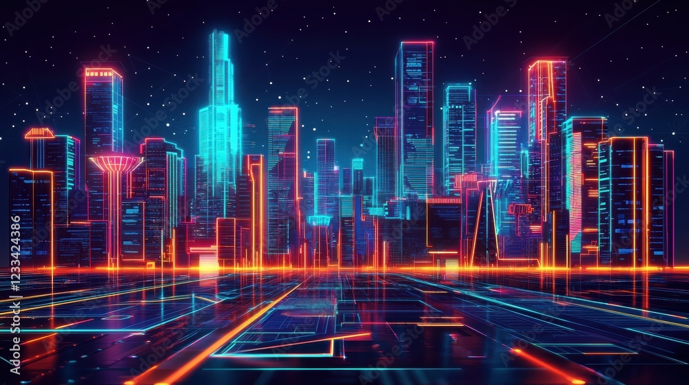 Fototapeta premium Futuristic Neon Cityscape with Vibrant Lights and Night Sky