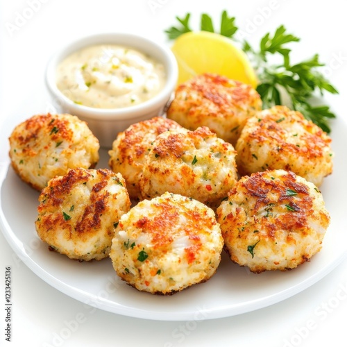 Miniature crab cakes pan-fried to golden perfection photo