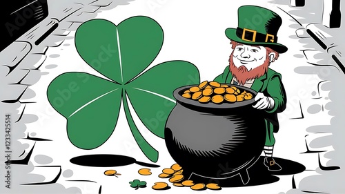 St. Patrick's Day photo features a cheerful leprechaun sitting with a pot of gold amidst vibrant clovers, making it a perfect addition to your St. Patrick’s Day-themed
