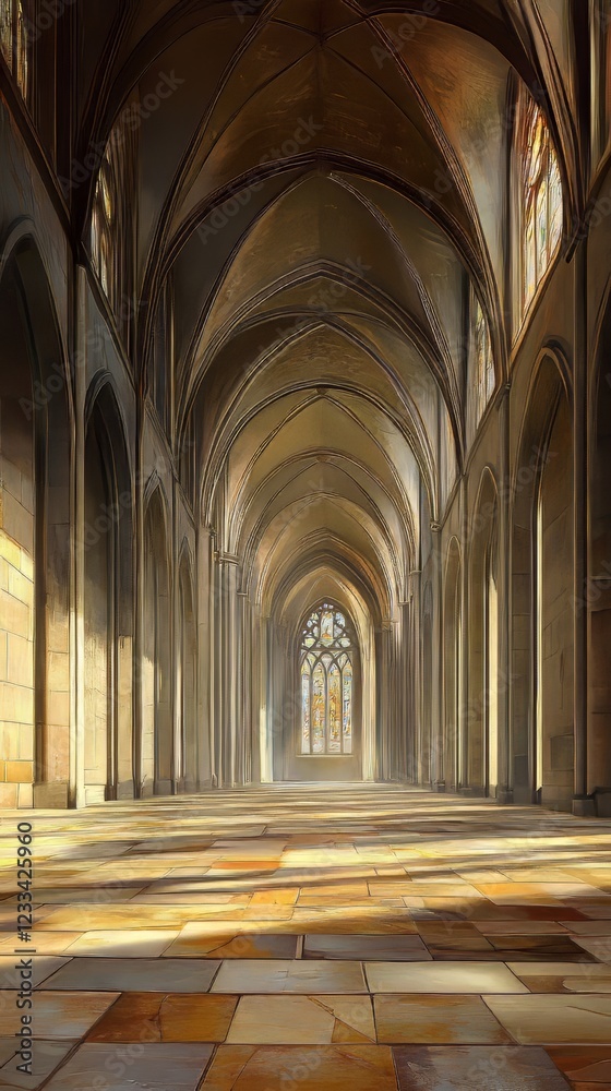 Fototapeta premium Sunlit cathedral hallway, stone floor