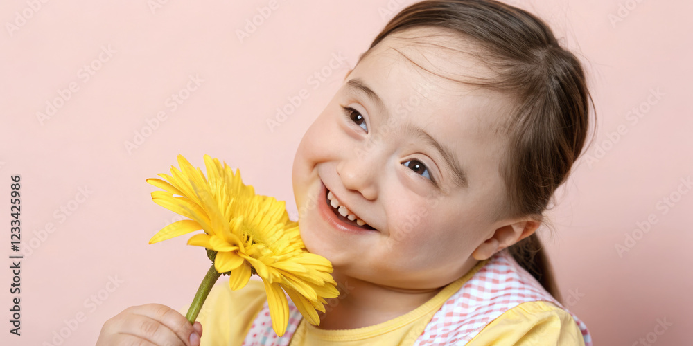 Smiling girl with Down syndrome holding a vibrant flower against a pink background, symbolizing joy, innocence, and inclusion. Smiling girl with Down syndrome holding a vibrant flower against a pink background, symbolizing joy, innocence, and inclusion.
