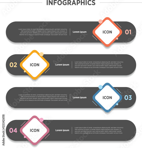 Colorful Business infographic template. 4 Step timeline journey. Process diagram, 4 options on white background, Infographics elements vector illustration.