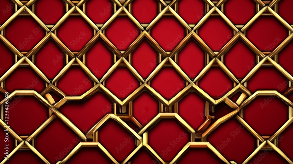 Fototapeta premium Golden Geometric Grid on Red Background Abstract Design