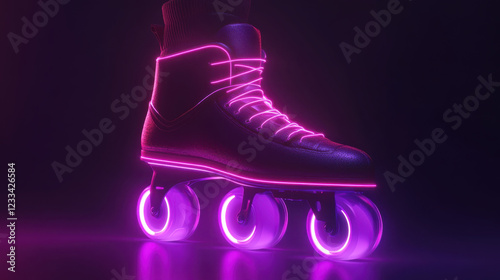 A minimalist roller skate with embedded LED lights pulsating in a vibrant purple hue, designed with a sleek matte finish, positioned diagonally on a clean monochrome background photo