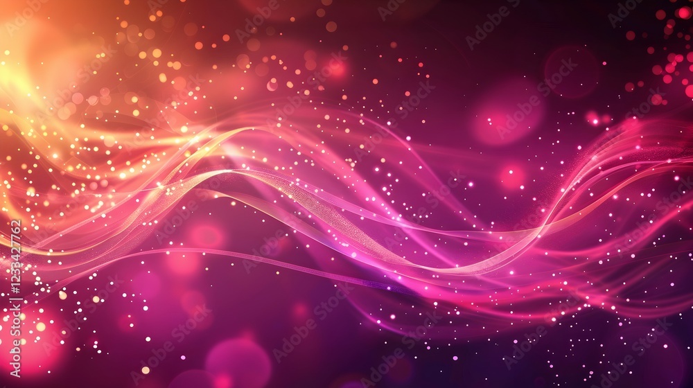 Fototapeta premium Abstract colorful waves with sparkling particles in a vibrant gradient background.