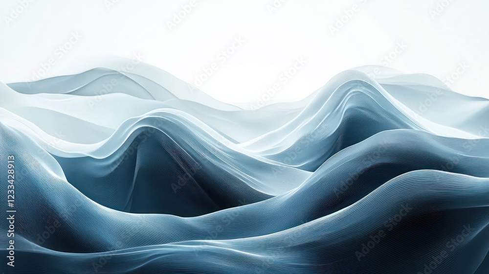 Fototapeta premium Abstract Blue Fabric Waves, White Background, Landscape, Design