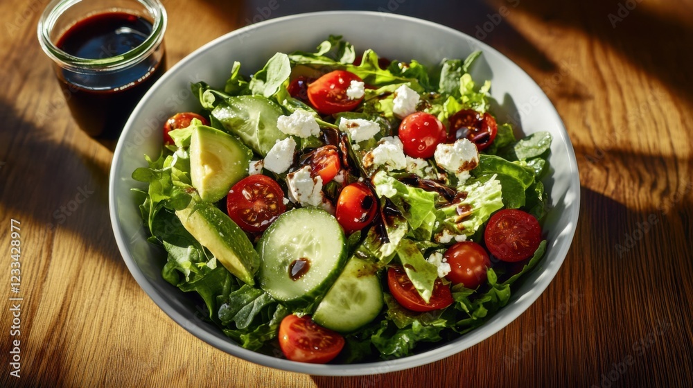 A vibrant salad bowl with mixed greens, cherry tomatoes, cucumber A vibrant salad bowl with mixed greens, cherry tomatoes, cucumber
