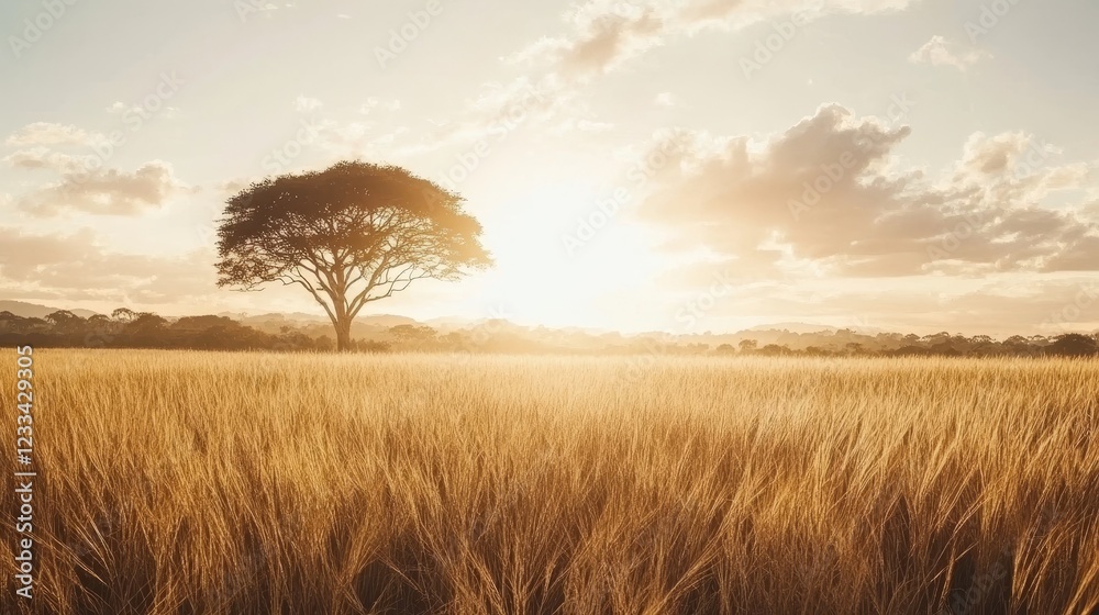 Fototapeta premium Golden Grasslands Sunset with Lone Acacia Tree