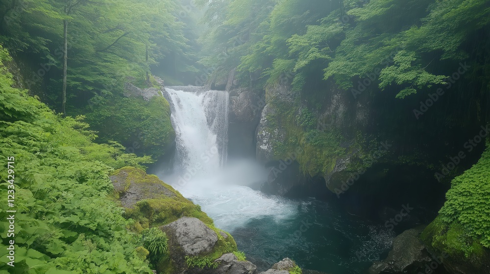 Misty Forest Waterfall Cascading into a Lush Green Pool Misty Forest Waterfall Cascading into a Lush Green Pool