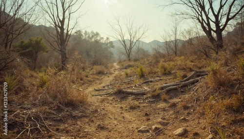 Dry dirt road in the forest. Concept of drought, climate change, and global warming.