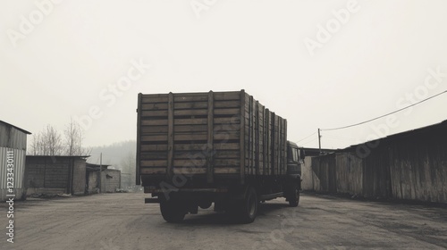 A truck loaded with wooden crates departs a foggy industrial area with storage buildings photo