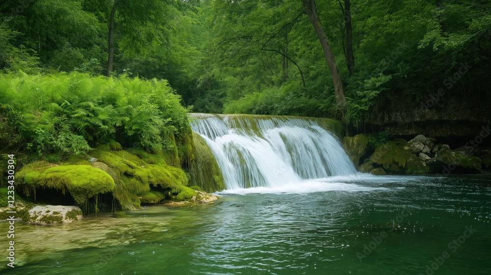 Tranquil Waterfall in Lush Green Forest Setting Tranquil Waterfall in Lush Green Forest Setting