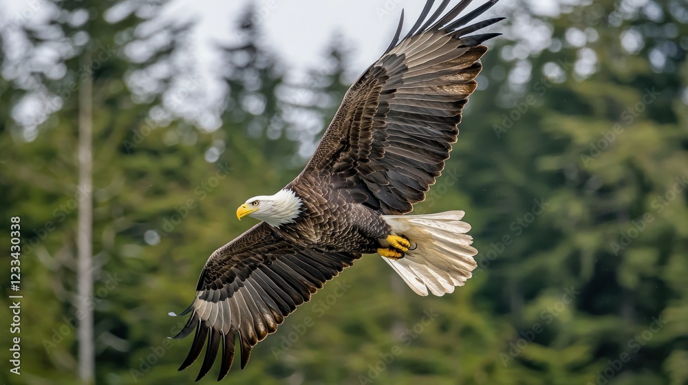 Obraz premium Majestic bald eagle in flight, wings spread wide against a lush green forest backdrop.