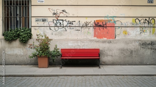 A vibrant red bench in front of a graffiti-covered wall with a potted plant nearby photo