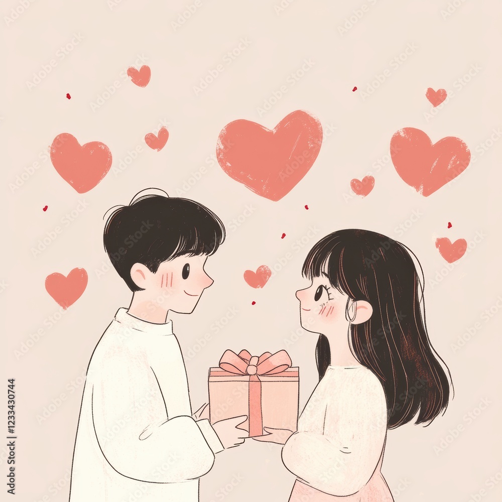 Happy Valentine’s Day greeting card with lovely couple and gift box. Happy Valentine’s Day greeting card with lovely couple and gift box.